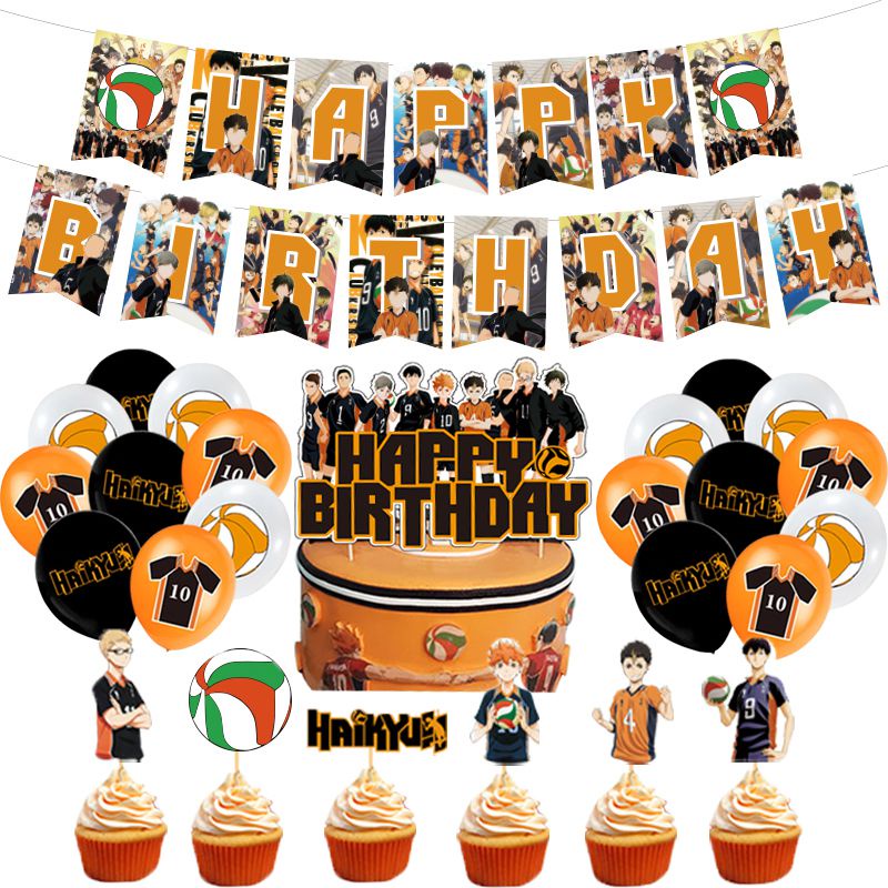 incluye 1 pancarta Haikyuu! 1 decoración para tartas 25 decoraciones para magdalenas decoraciones para tartas de anime temáticas para fiestas 12 globos Decoración de fiesta de cumpleaños 