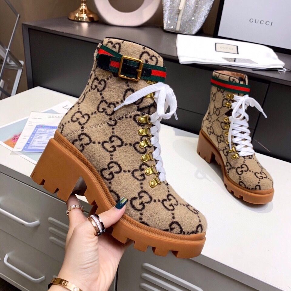 GUCCI Martin Botas De Mujer Invierno Nuevo Estilo Europeo Americano Flor GG Tacón Grueso Corto Dedo Alto Bajo | Shopee