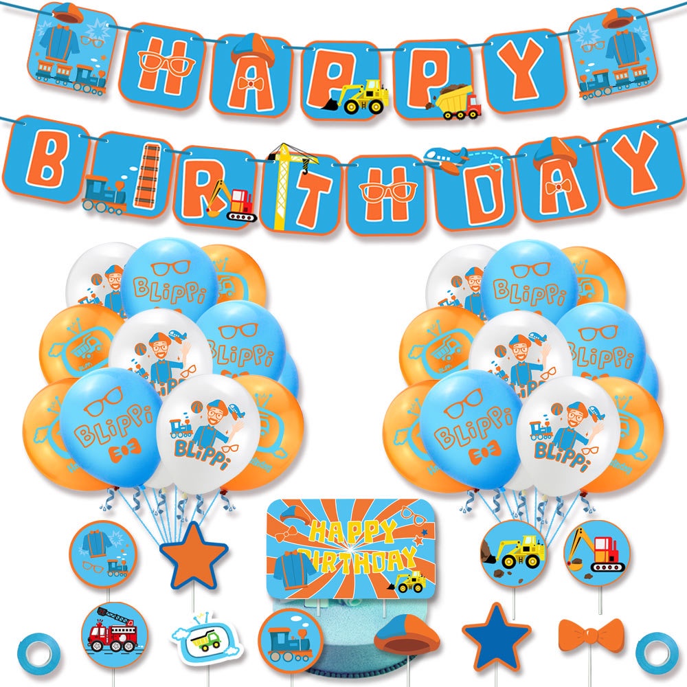 Decoración De Fiesta De Cumpleaños Temática Blippi Globos De Látex De Dibujos Animados Para Tartas Suministros De Pancartas De Feliz [GM]