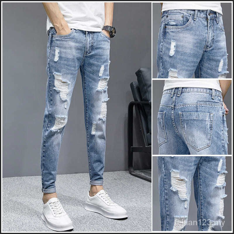 2021Summer Thin Ripped Cropped Jeans Hombres Slim Fit Skinny Casual Fashion Nuevos Largos Shopee México