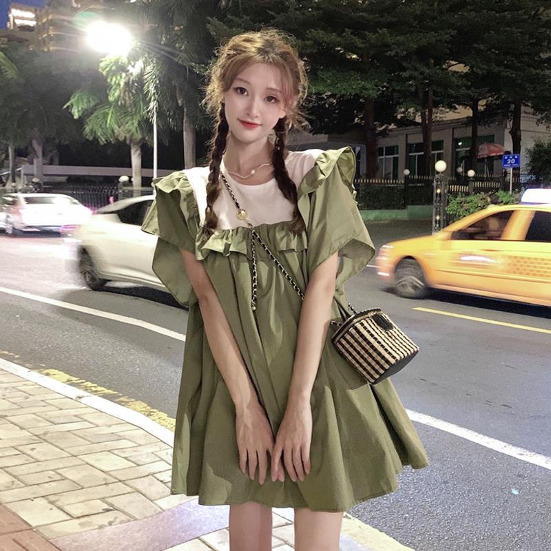 preppy estilo verde vestido de las mujeres verano suelto estilo occidental  muñeca vestidos cortos | Shopee México