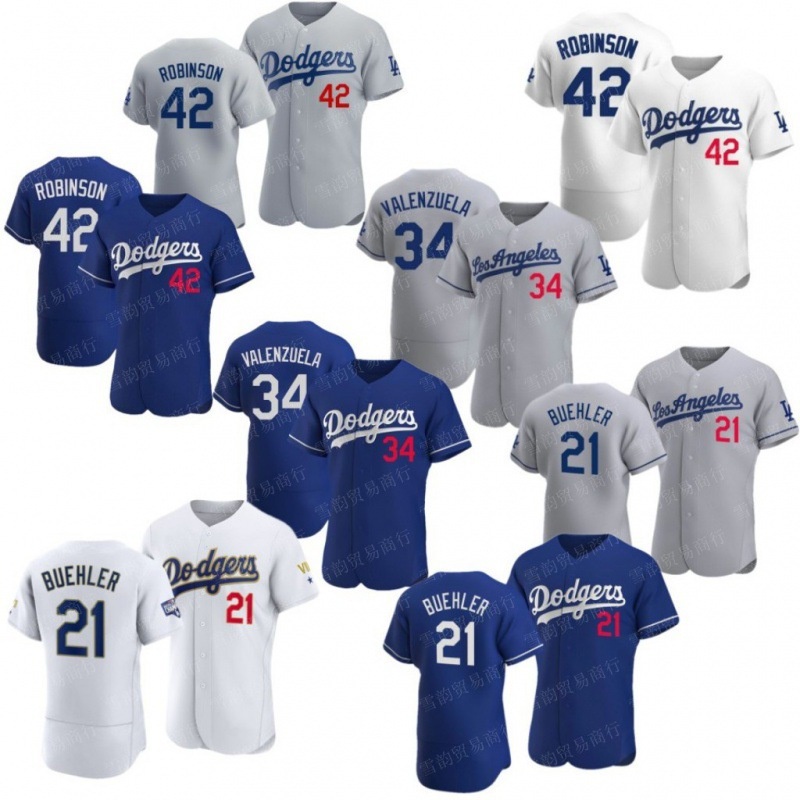 Dodgers #21 Buehler 34 Valenzuela 42 Robinson Camiseta De Béisbol,Camiseta De Béisbol De élite De Manga Corta para Hombres Uniforme Equipo Jerseys JMING Jersey De Béisbol 