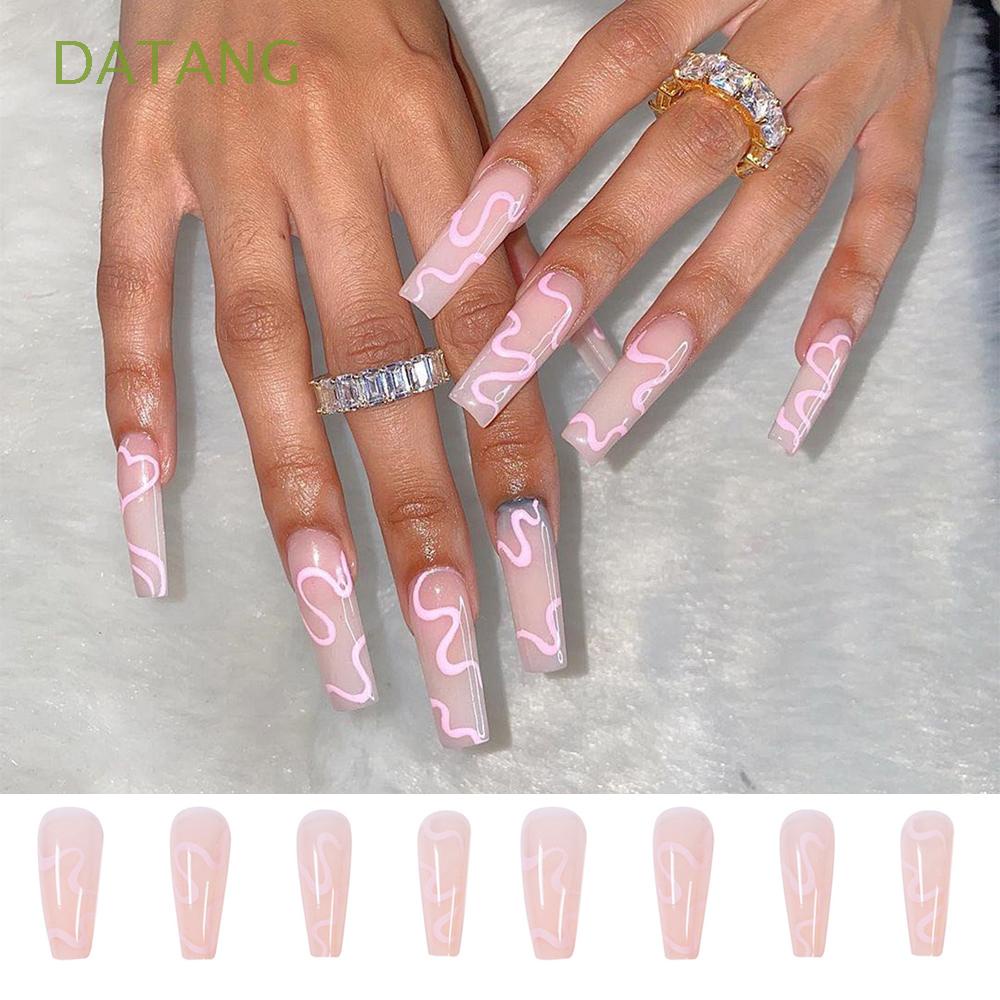 Datang 24pcs Box Pink Wearable Coffin Nail Tips Long French Ballerina False Nails Artificial Detachable Manicure Tool Rhinestone Full Cover Fake Nails Shopee Mexico