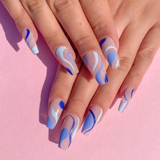 Baby 24pcs Blue Waves Printed Nail Patch Glue Type Removable Long Paragraph Fashion Manicure Save Time False Nail Patch Shopee Mexico