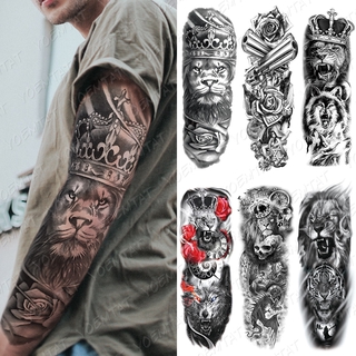 gran brazo manga tatuajes león corona rey rosa impermeable temporal tatoo  pegatina salvaje lobo tigre hombres | Shopee México