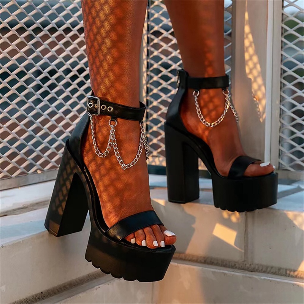 Grueso Tacón Alto Negro Cuero Sandalias Plataforma De Moda Hebilla Correa Mujer Zapatos 2022 | Shopee México