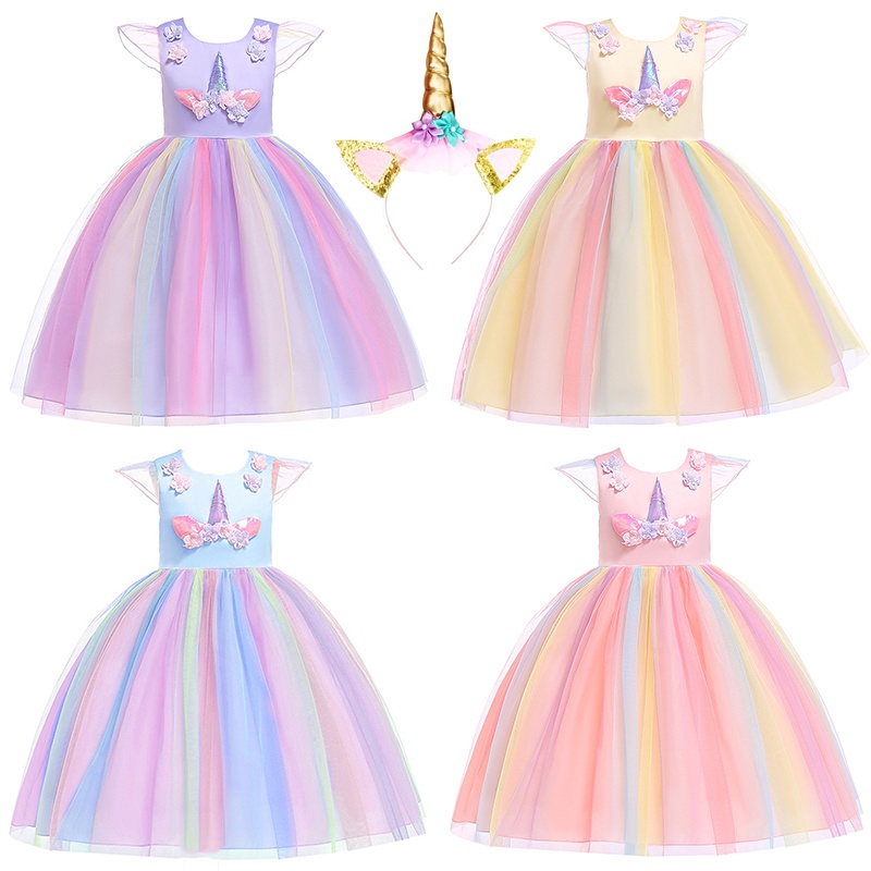 unicornio diadema y niñas vestido 2pcs verano malla pequeña princesa fiesta navidad disfraz de niños 3-10 años | Shopee México