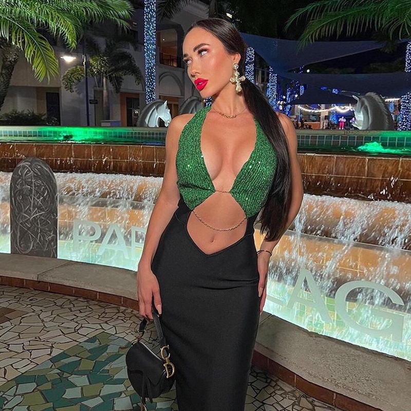 Sexy Slim Maxi Vestido Mujer Moda Verde Lentejuelas Patchwork Largo Verano Vestidos Elegantes