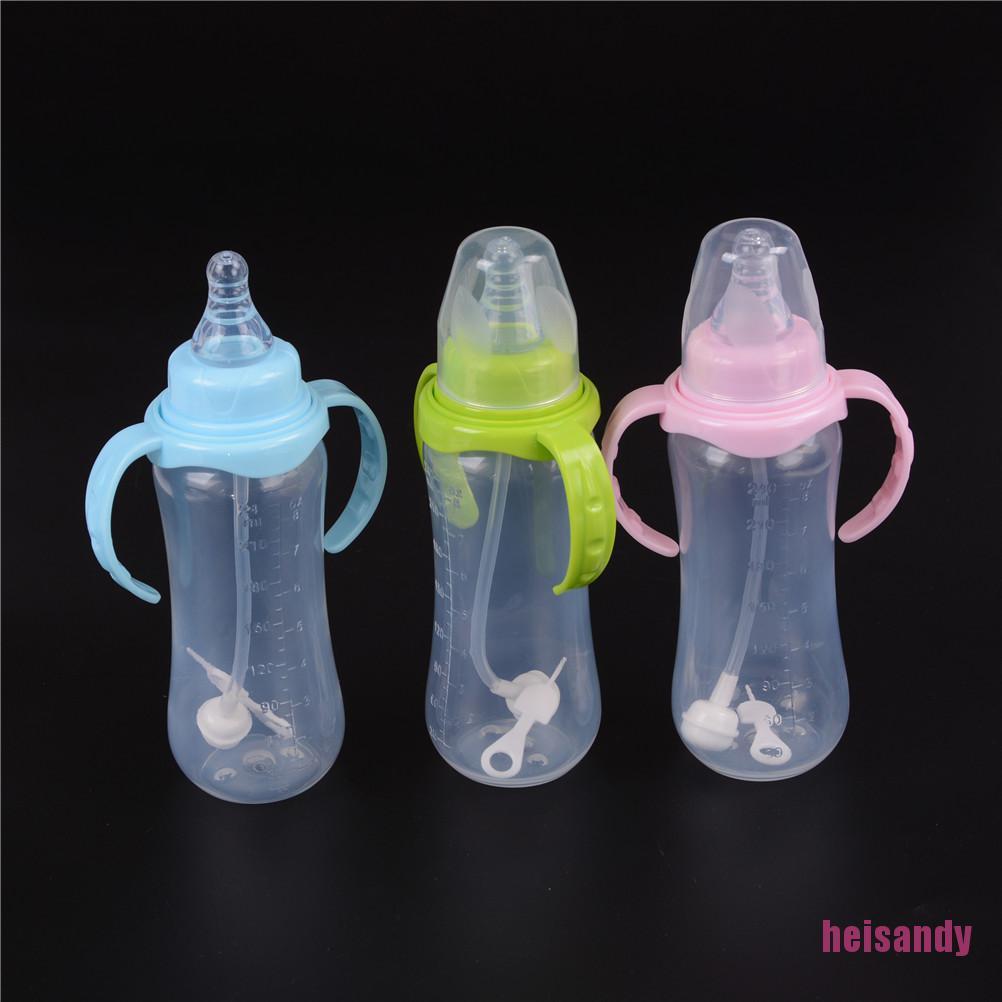 Botella de leche de vidrio de la boca ancha de dibujos animados niños anti-cólicos botella de agua con paja 