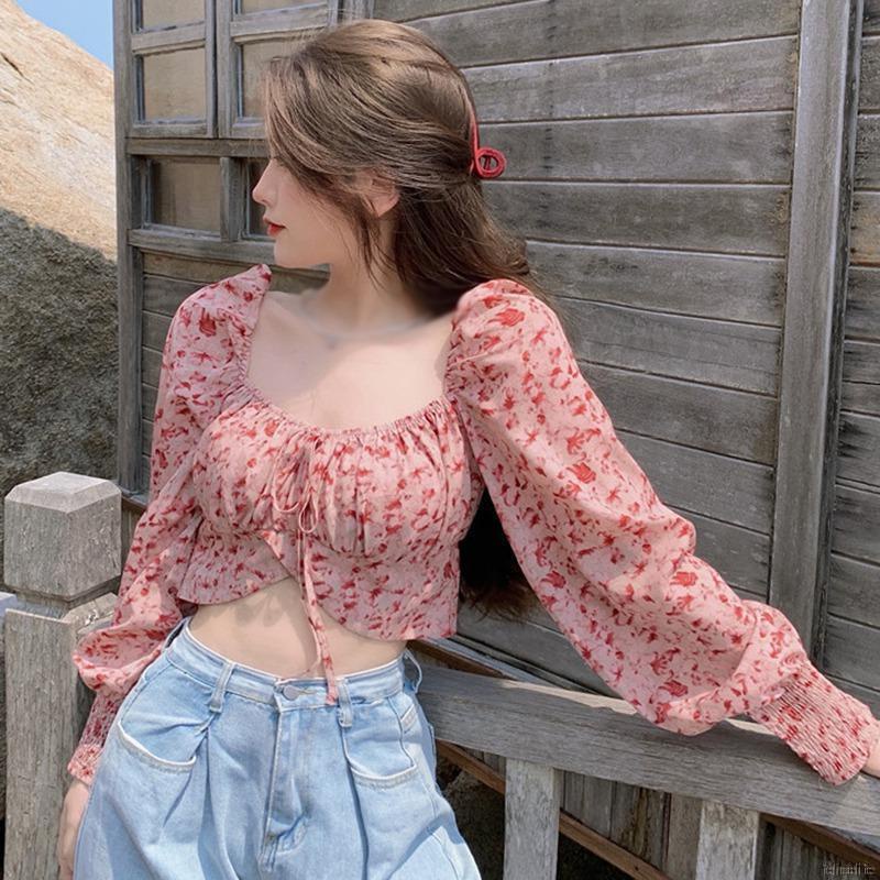 Crop Top Mujer Estampado Floral Cuello Cuadrado Larga Gasa Camisa Blusa | Shopee México
