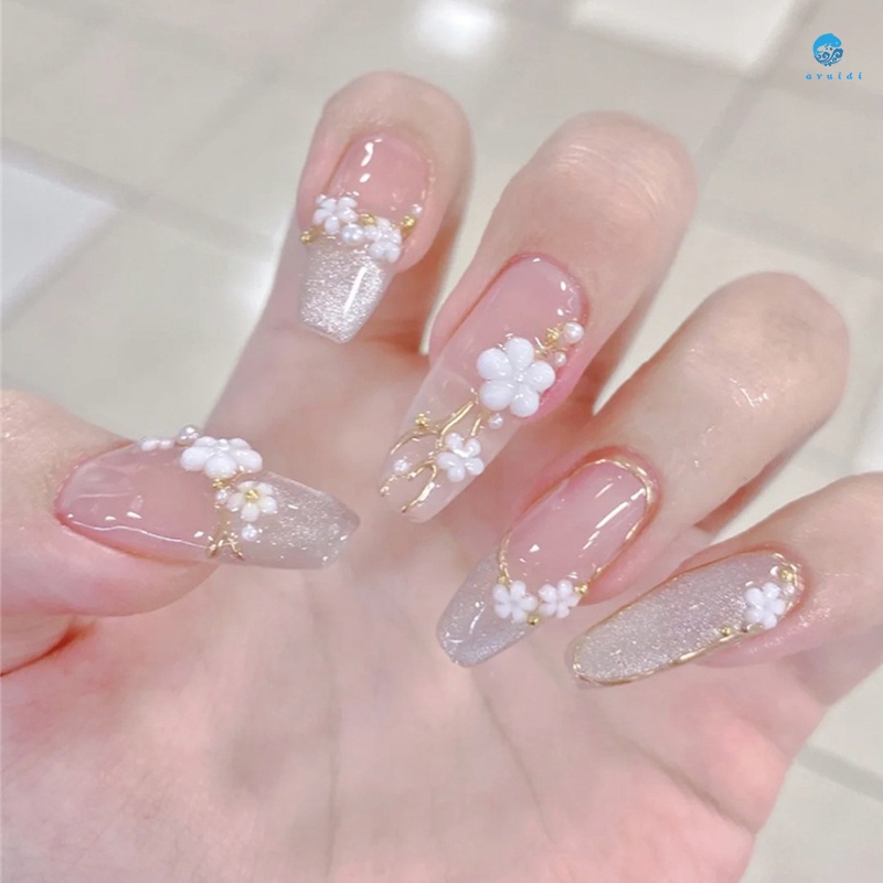 Parche De Uñas Falsas Larga Punta De La Cabeza Blanca Impresión De Flores  Acabado Pieza 24PCS Tipo De Pegamento Mejores Regalos | Shopee México