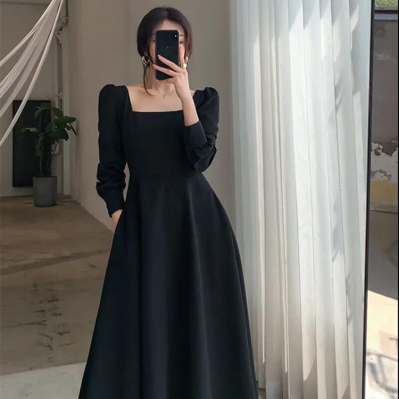 Mujer Primavera Y Otoño Nuevo Francés Retro Midi Vestido Elegante  Temperamento Manga Larga Cuello Cuadrado Vestidos Negros | Shopee México