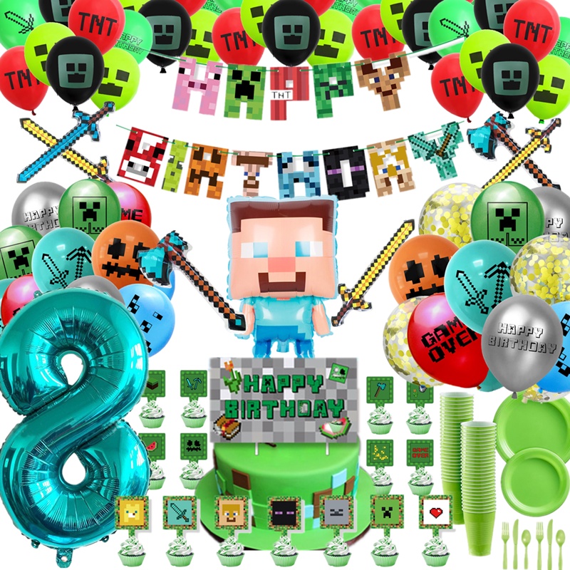 Decoraciones De Fiesta Minecraft Juego Temático Feliz Cumpleaños Globos