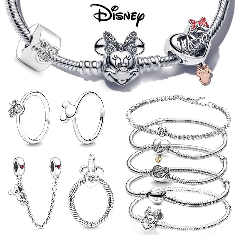 Nuevo Disney 925 Sterling Silver Mickey Minnie Series Charms Anillos Pendientes Perlas Ajuste Original Pandora Pulsera Joyería Mujeres Regalos