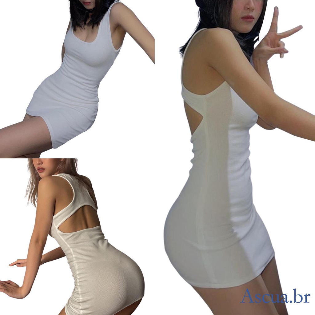 Asu-mujer Sexy vestido ajustado, blanco Color sólido cuello en forma de U |  Shopee México