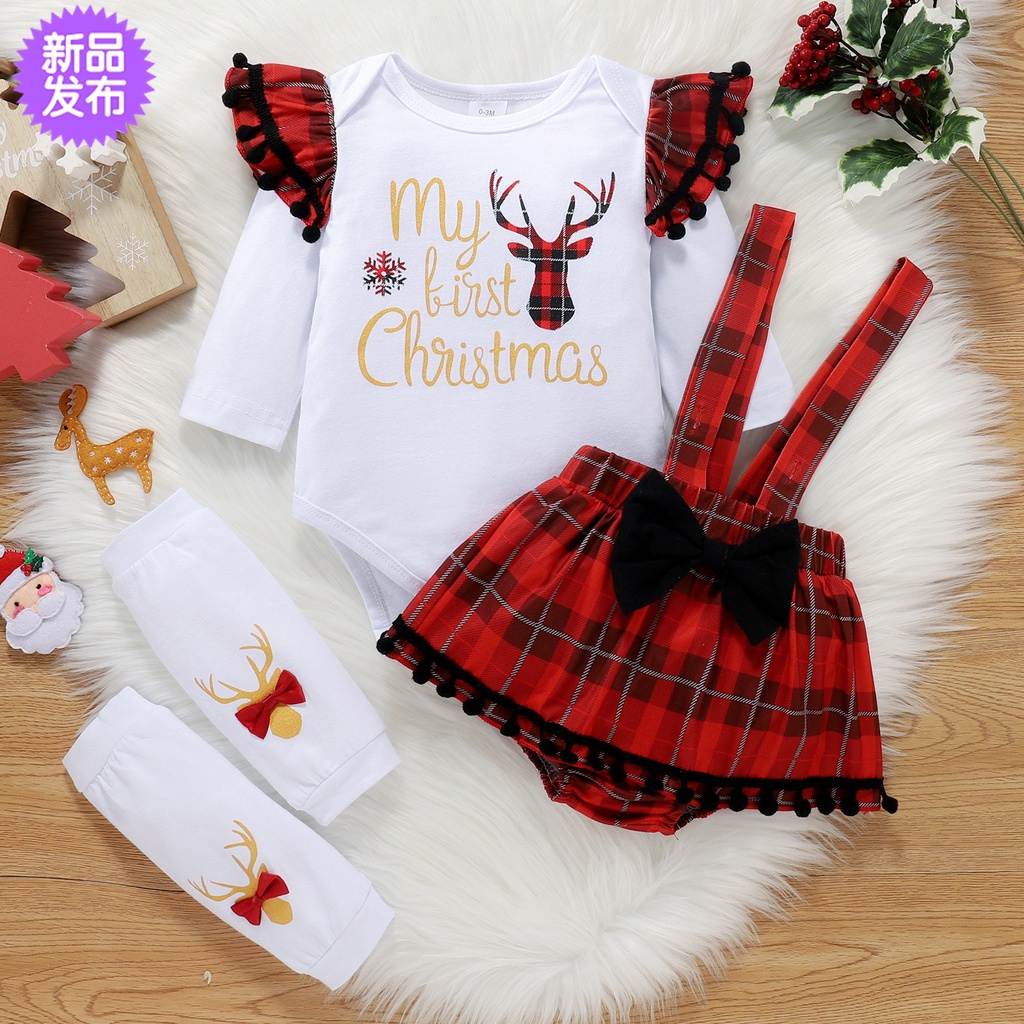 Conjunto De Ropa De Bebé Niña Alce Letra Mono + Falda Con Correa Lisa +  Vaina De Rodilla Disfraz De Navidad | Shopee México