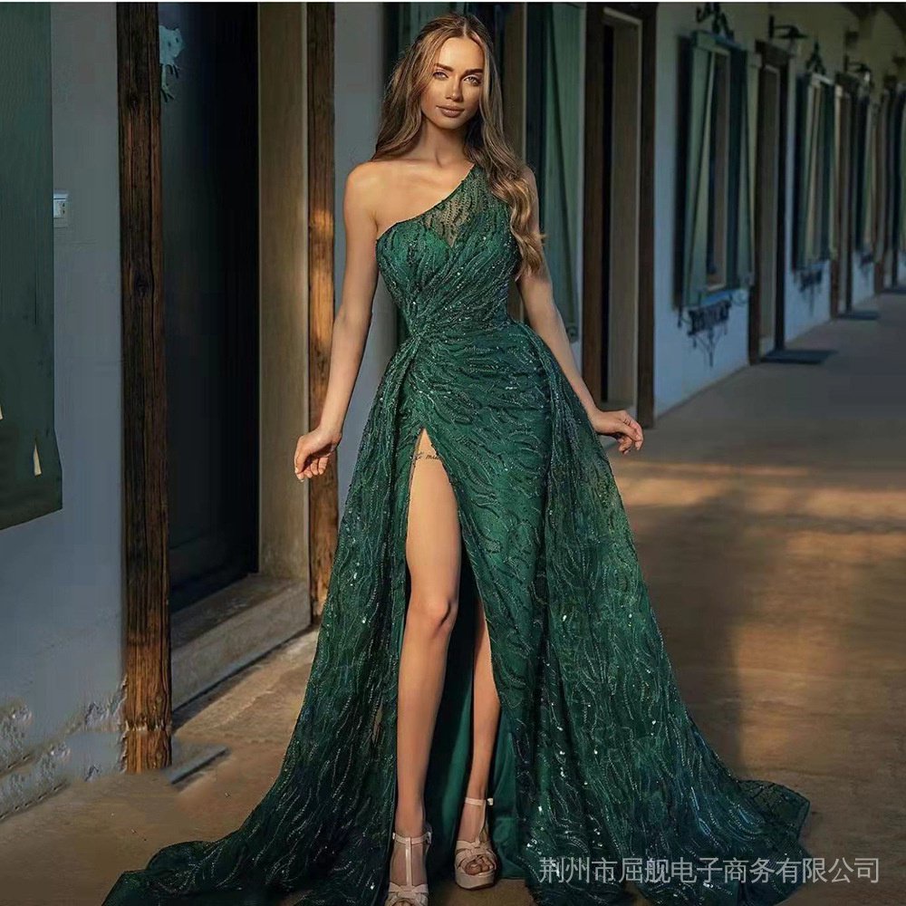 Vestidos largos de chiffon de un hombro con bolsillos Verde Lima Tallas Grandes