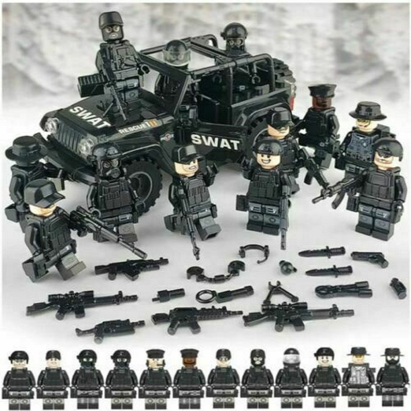 SWAT CAR And 12PC POLICE Military Mini figures Weapon Army Soldier Fit Lego Toys