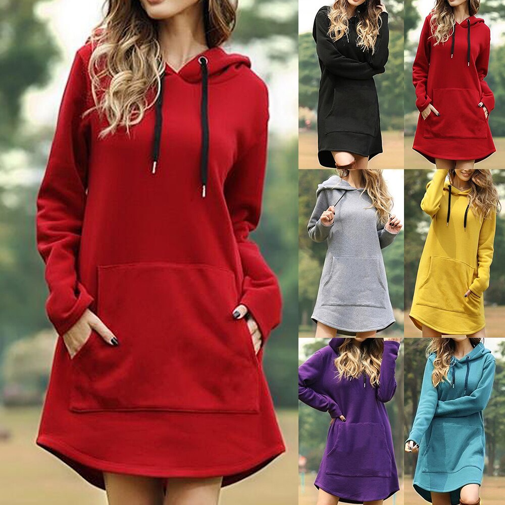 Nuevo otoño sudaderas largas de las mujeres vestidos Casual bolsillo de  manga larga sudaderas con capucha suelta de gran tamaño jersey sudadera con  capucha vestido | Shopee México