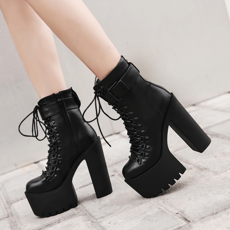 Botas Cortas Para Mujer Con Cordones Estilo Gótico Negro Zapatos De Gruesos Tacones Altos Plaform Señoras < > | Shopee México