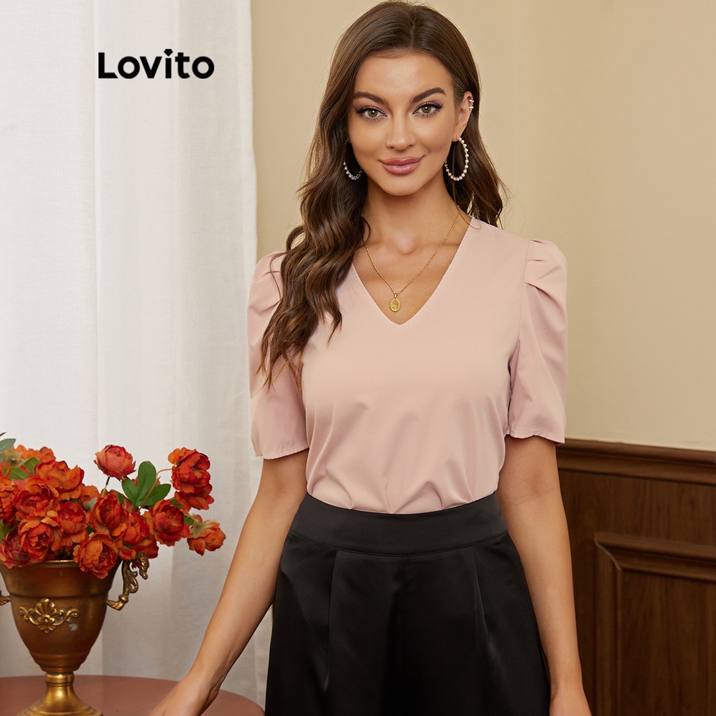 apretado Empuje helado Lovito Blusa Elegante para Fiesta y Trabajo Liso Cuello en V Manga Farol  Jóven L17D060 (Rosa) | Shopee México