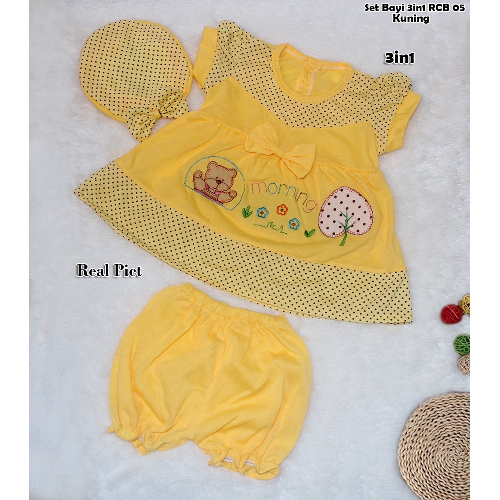 Rcb05 3in1 conjuntos de bebé/ropa de los niños y pantalones de los niños  Polkadot motivos/ropa de bebé botellas de botón/ropa de bebé bordado oso/ ropa de los niños bono sombreros redondos | Shopee