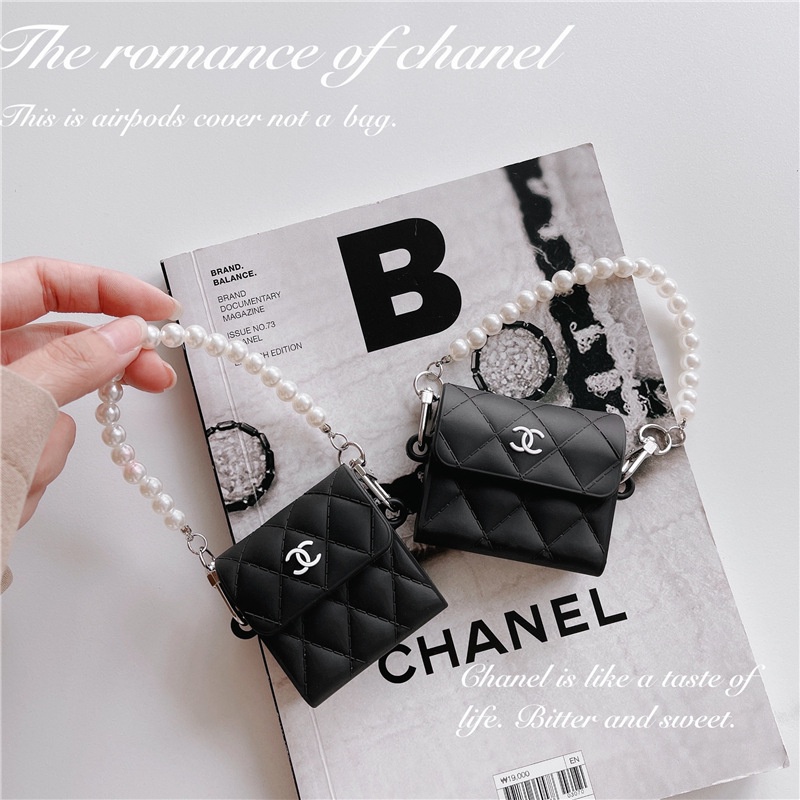 Yellow Blue pink black CHANEL bag 3D silicone Apple airpods 1/2 pro covers  with pearl bracelet Full Cover wireless bluetooth Earphone Case fashion  logo Chanel bag model soft silicone airpods 1/2 pro