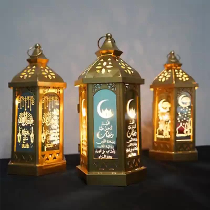 Batería no incluida Gshy Linternas LED de hierro Ramadán Lámpara colgante de metal Eid Mubarak Luz de decoración musulmana A 