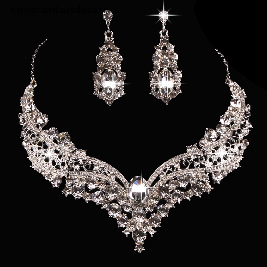juego de joyas de diamantes de imitación para mujeres y niñas Ushiny Conjuntos de joyas de boda para novia collar y pendientes de cristal de plata 
