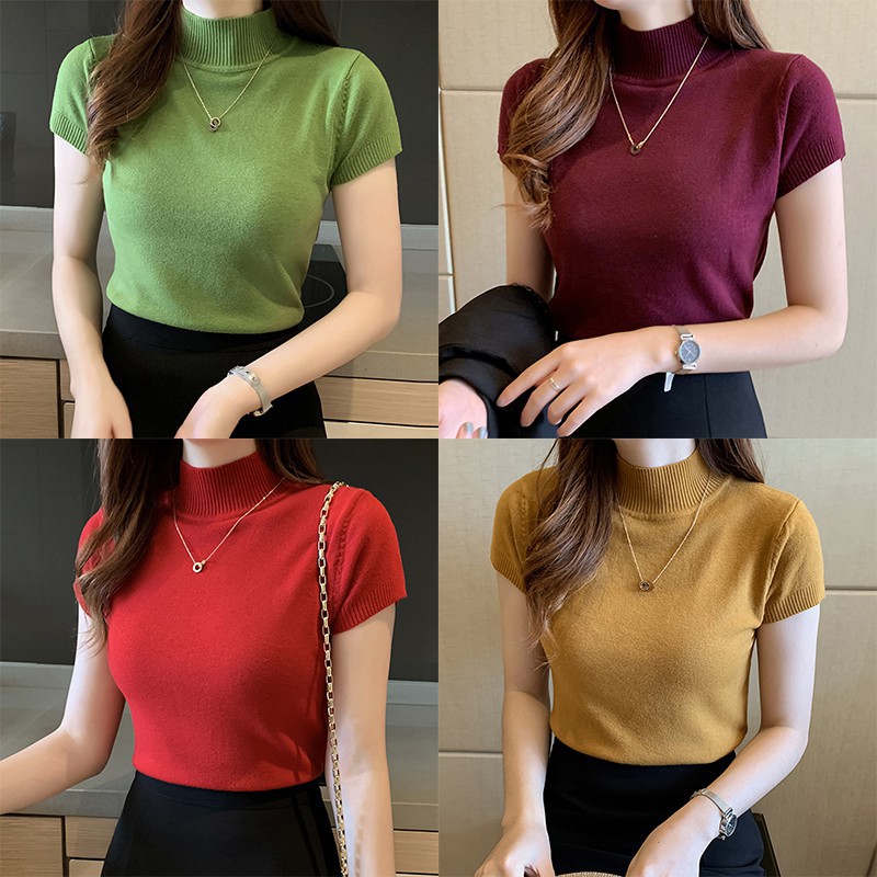 Blusa De Mujer Sólido Medio Cuello Alto Moda Delgada Manga Corta De Mujeres Crop Tops | Shopee