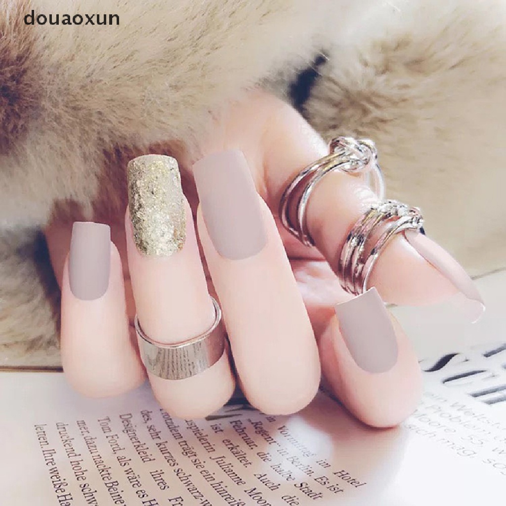 douaoxun 24 unids/set de uñas postizas acrílicas mate esmerilado corto  puntas de uñas postizas oro y marrón mx | Shopee México