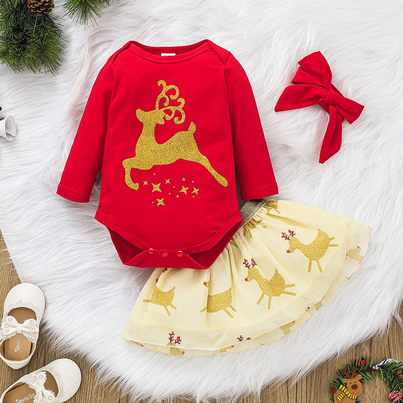 Tianhaik Trajes de Falda de Navidad para bebé niña mi 1er Mameluco de Navidad Falda a Cuadros roja Diadema 