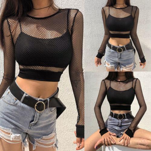 Solo mujeres Manga larga transparente de malla Top negro de red ropa de dormir Blusa de Tanque | Shopee México