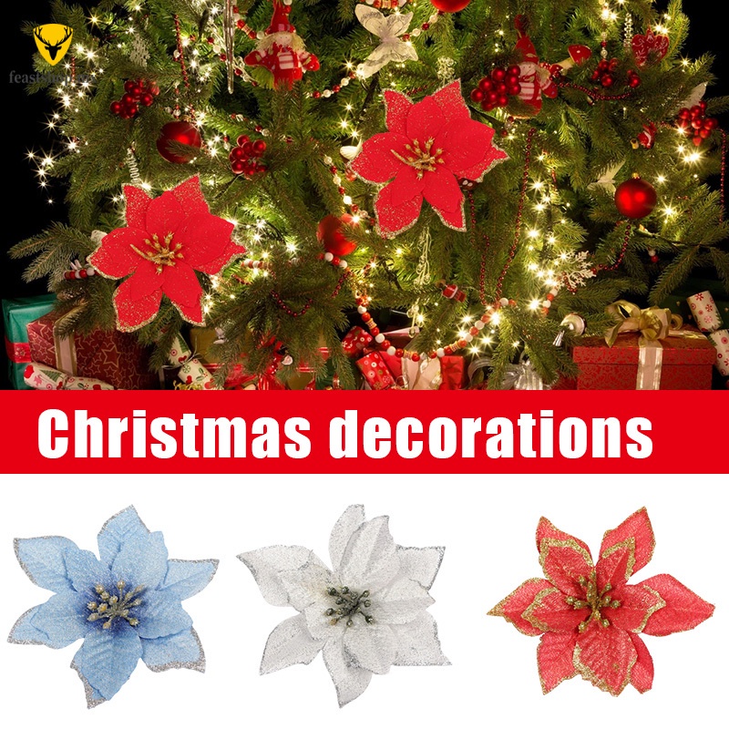 10pcs poinsettia artificial flor de navidad decorativa glitter flor árbol  de navidad decoración de boda | Shopee México