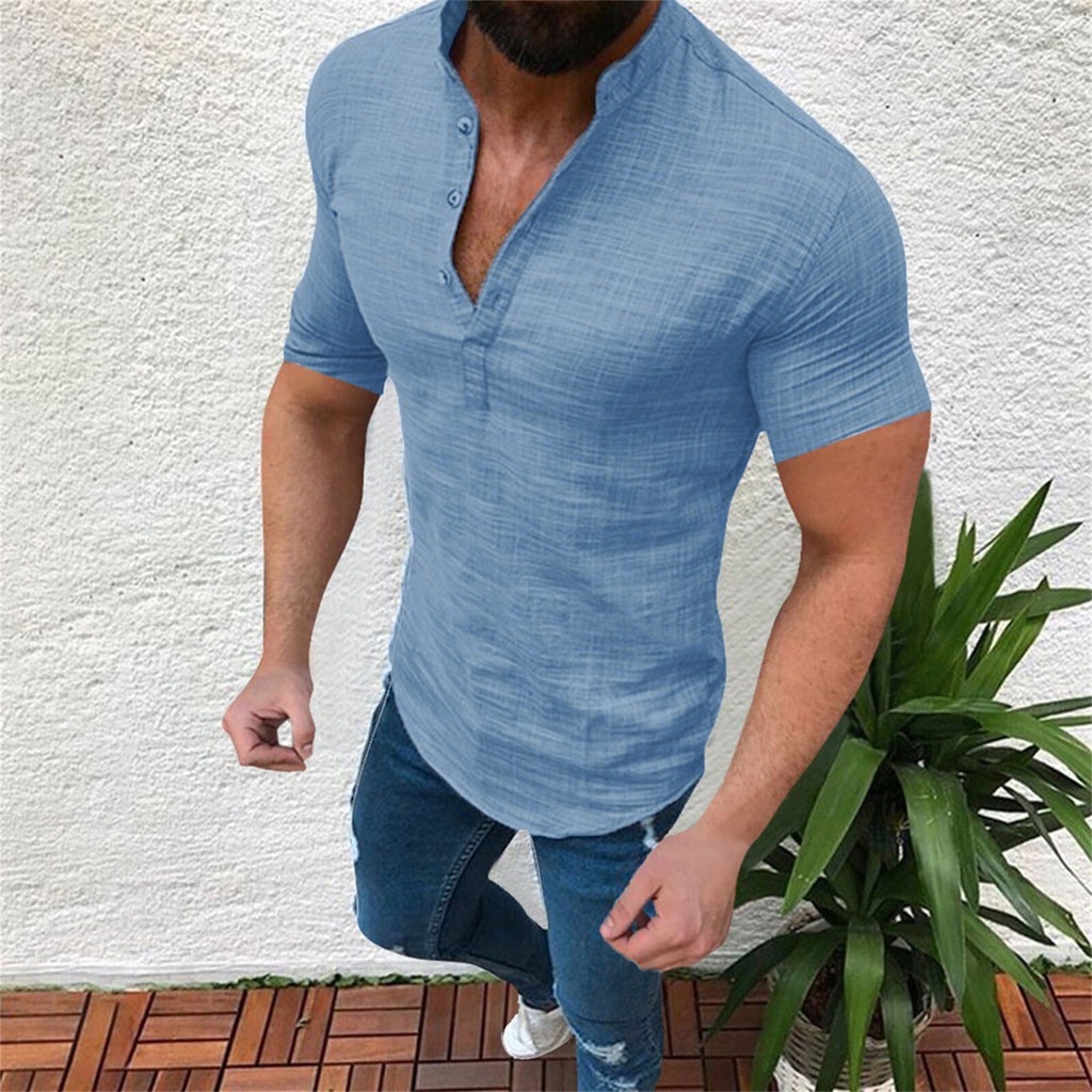 Hombres Y # ; s Casual Blusa Algodón Lino Camisa Cuello V Tops Sueltos Camiseta De Manga Corta Verano Streetwear Camisas Ropa | Shopee México