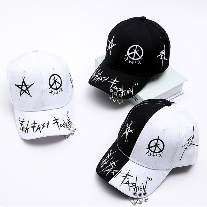 MISHITI Gorra de béisbol con estampado de graffiti blanco negro con anillos Harajuku Hip Hop Snapback Hat 