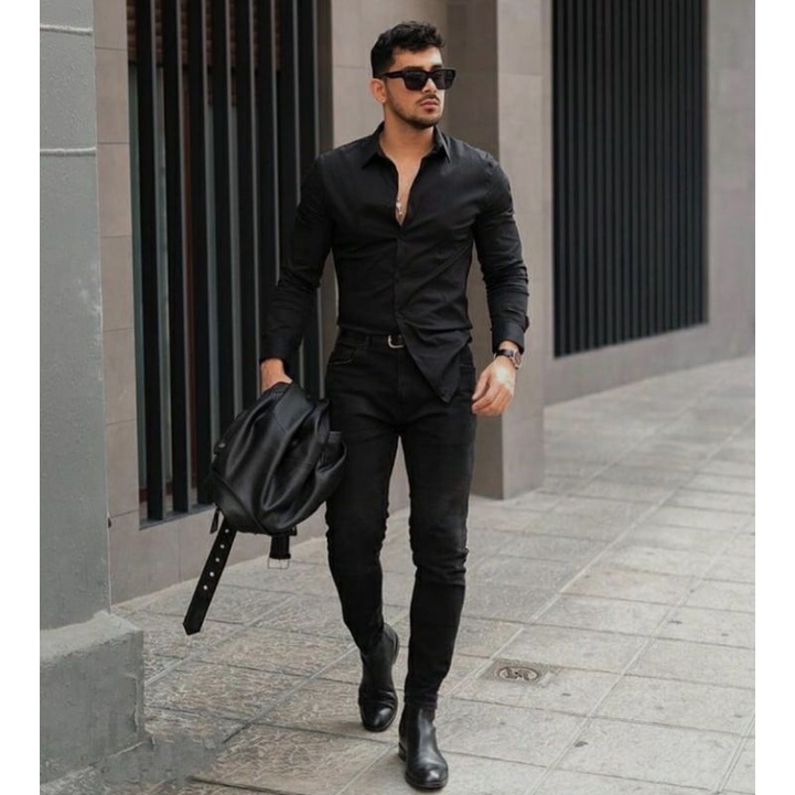 Camisa negra de manga larga para hombre, Color negro, casual, dobladillo de  oficina | Shopee México