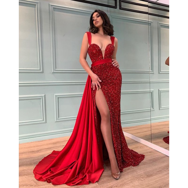 2021Comercio exterior europeo y americano nuevo vestido rojo Sexy largo  elegante vestido de noche con lentejuelas | Shopee México