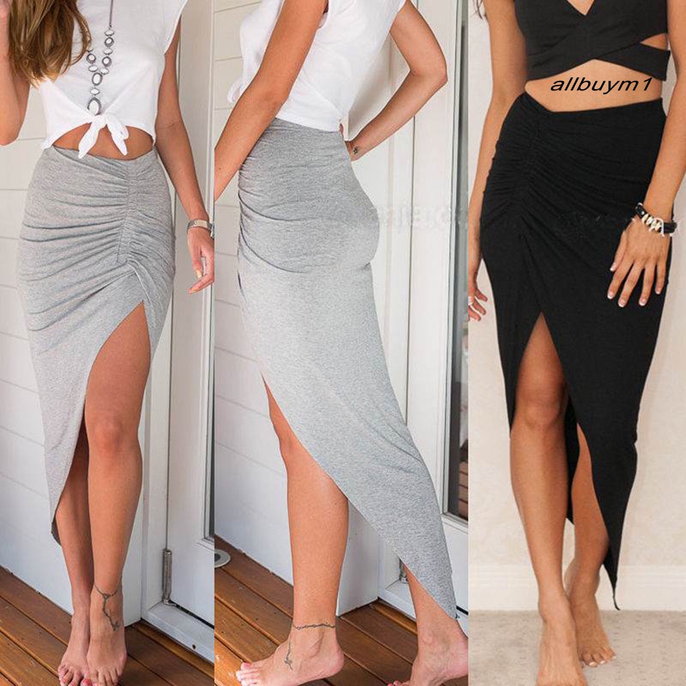 Allbuy) mujer Sexy cintura elástica abertura lateral Irregular de punto falda larga | Shopee