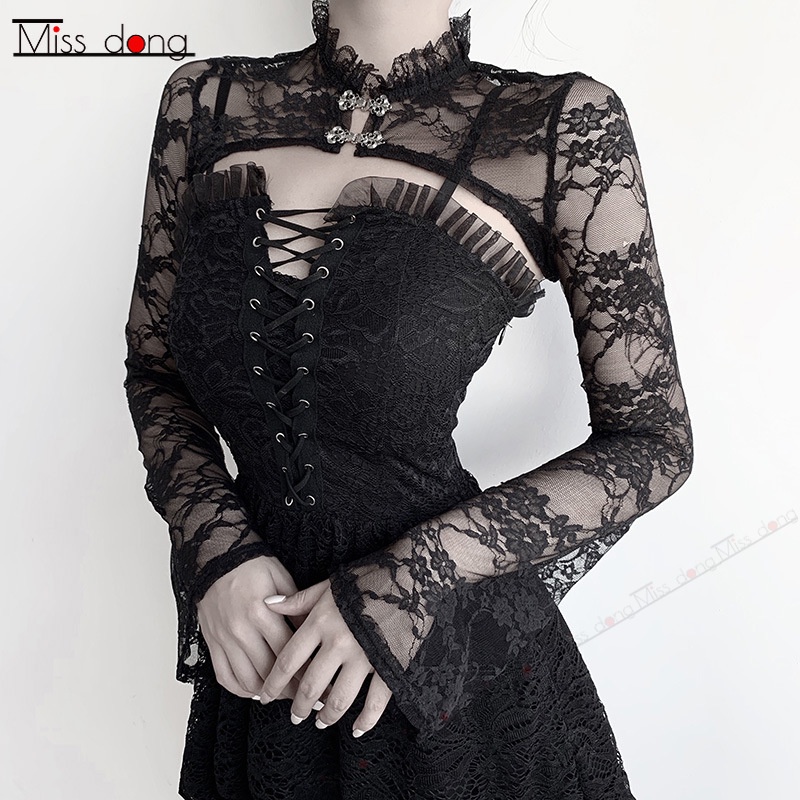 Campana negro cuello de pie interior blusa corte apretado manga larga transparente Sexy encaje fondo | Shopee México