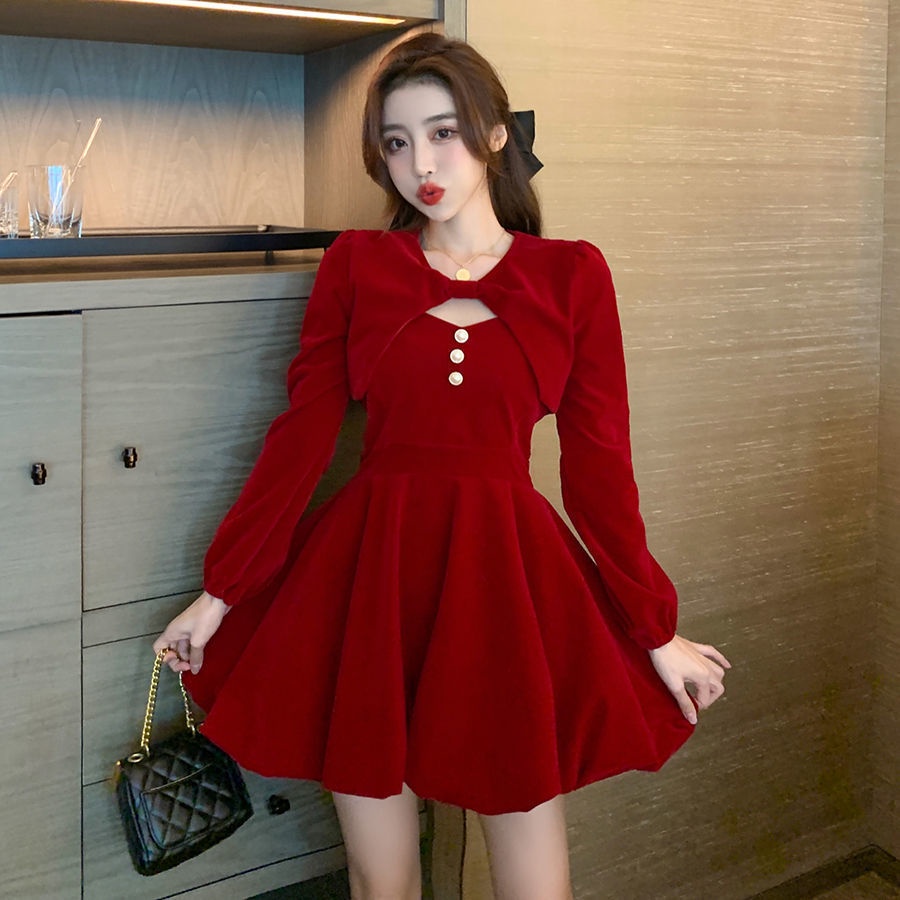 Vestido largo para mujer estilo vintage elástico Falda De Terciopelo Rojo  Para Mujer De Año Nuevo Temperamento De Invierno Camisa De Navidad Vestido  De Tirantes De Dos Piezas | Shopee México