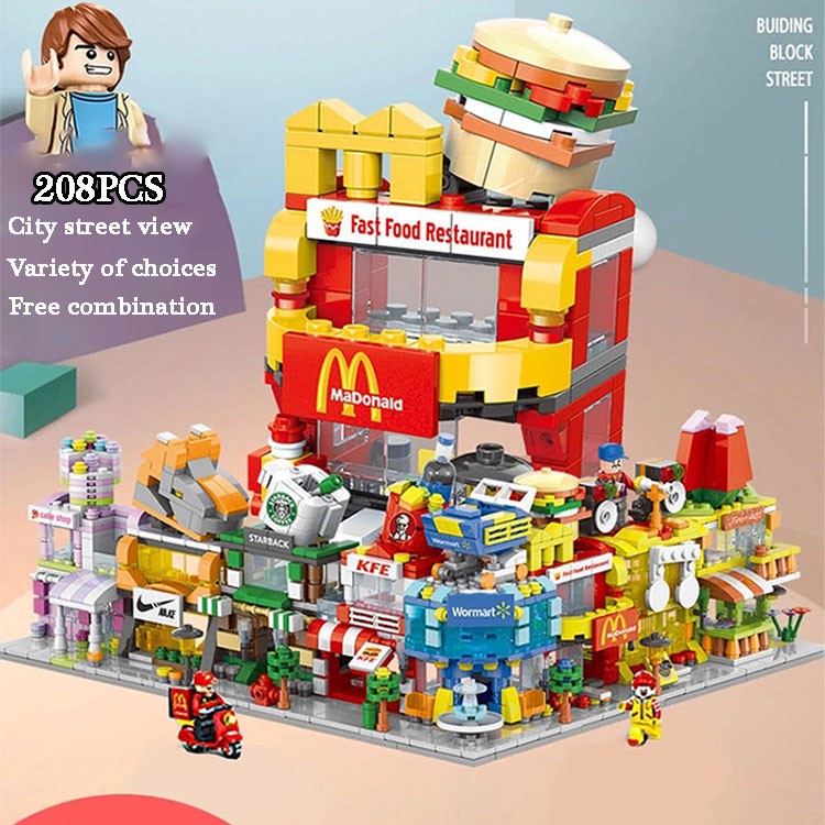 208 Piezas Mini Lego City Street View McDonald's Familia Bloque De Construcción Modelo Compatible Con Niños Juguetes