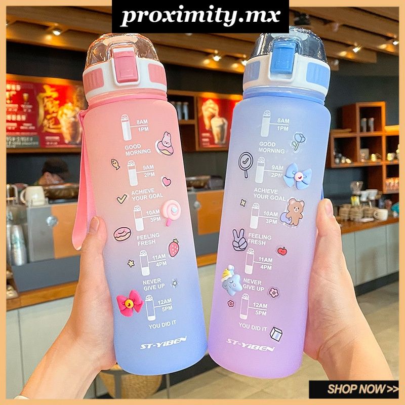 Botella de agua de 1.1 litros/1100ml/21.1 L motivacional con pegatinas 3D botella de agua deportiva de plástico a prueba de fugas