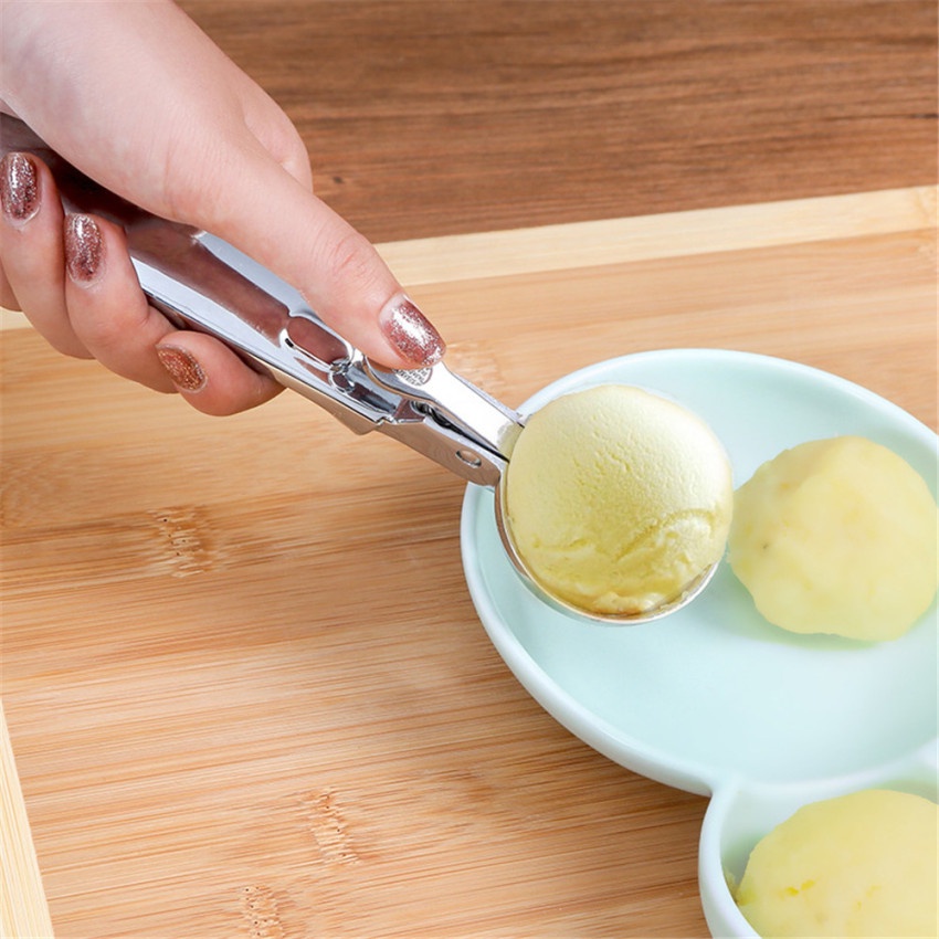1 pieza Cucharas de helado con gatillo Cuchara de helado de acero inoxidable para frutas masa de galletas de sandía yogur 