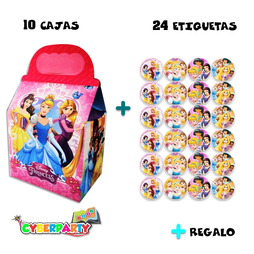 princesas 10 cajas dulceras mas 24 etiquetas redondas fiesta decoracion cumpleaños infantil