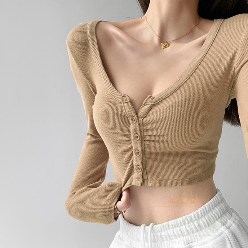 Sabio Horizontal Plata DB1-mujer botón abajo Crop Tops, Casual manga larga muesca cuello V Color  sólido | Shopee México