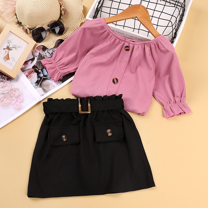 SIYYIS niños conjuntos de ropa niñas verano rosa media manga cuello redondo  Top negro cinturón pantalones cortos estilo coreano traje 5-12 años |  Shopee México