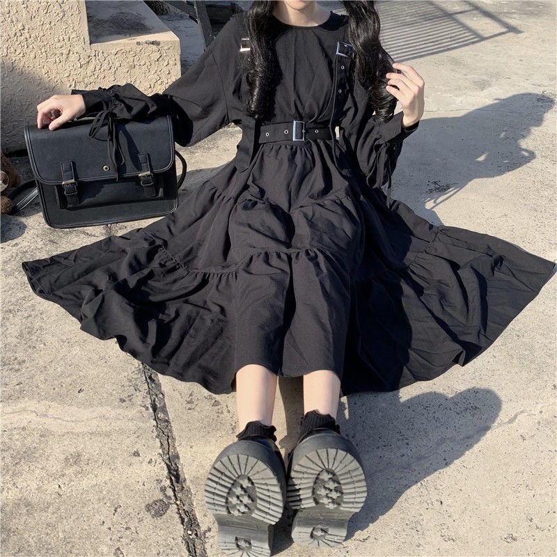 Estilo gótico vestido de las mujeres Harajuku gótico Lolita Kawaii vestido  Punk lindo manga larga negro Midi vestido | Shopee México