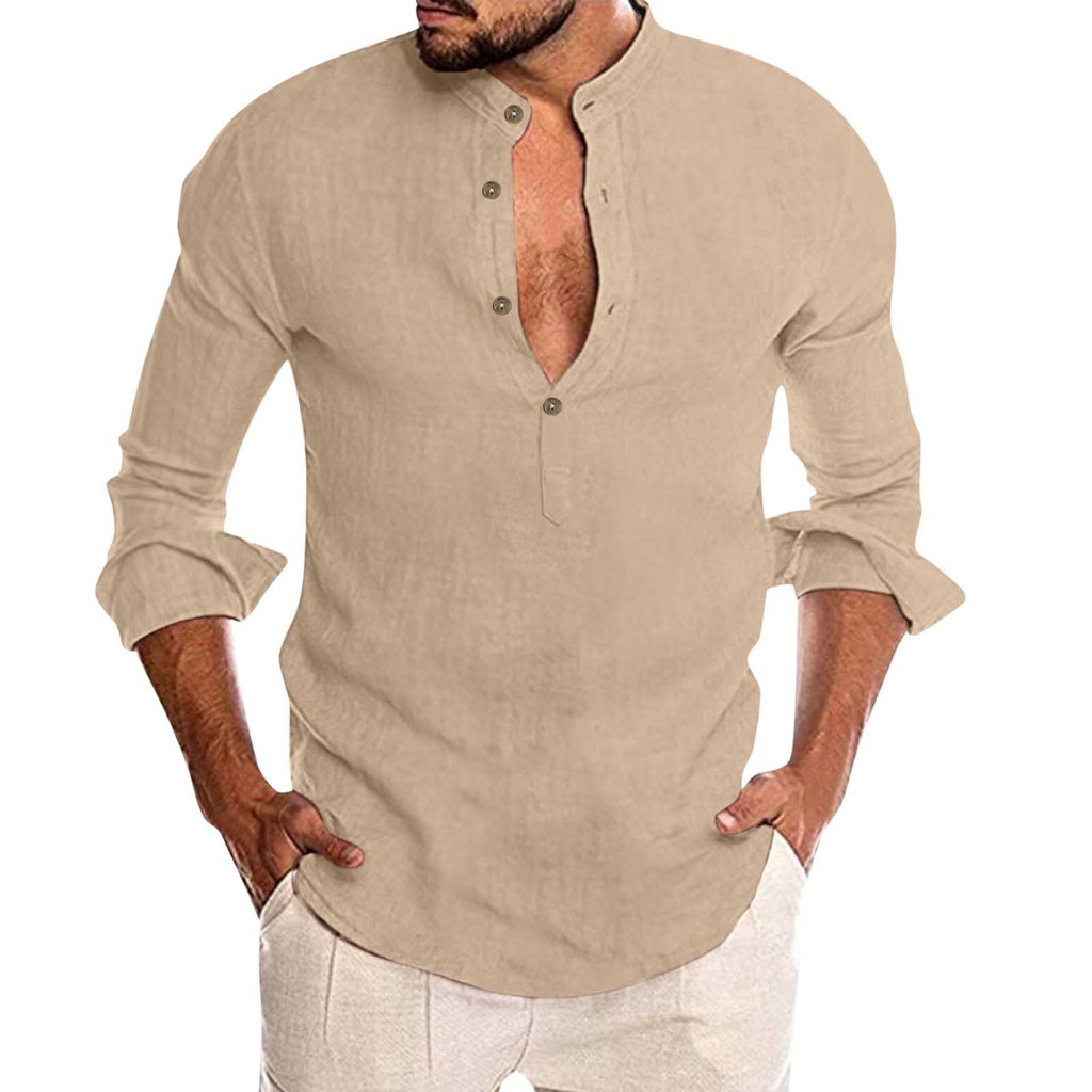 Btruely Camisa de Lino con Botón para Hombre Camiseta Manga de Tres Cuartos Blusa de Color sólido Suelta Camiseta Casual Blusa de Algodón Tops de Corte Holgado de Yoga 