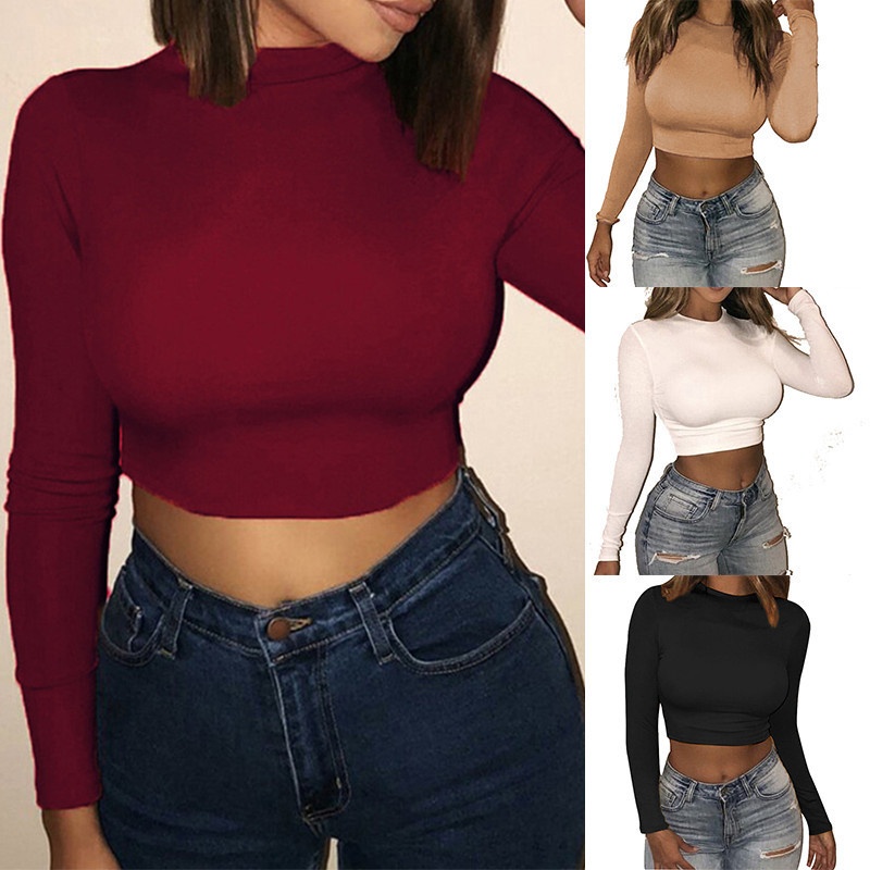 pure de las mujeres casual cuello redondo de larga camisa alta elasticidad crop tops | Shopee México